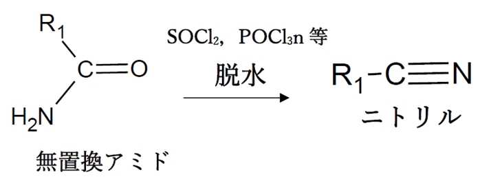 アミドの塩化チオニルSOCl2による脱水でニトリル生成　85回問14d